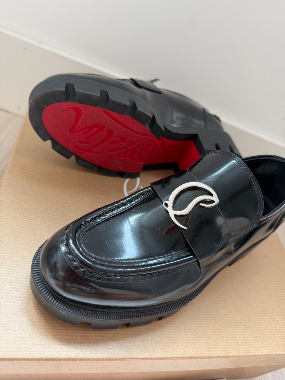 Christian Louboutin Black Patent Leather Lug-Soled Bit Loafers